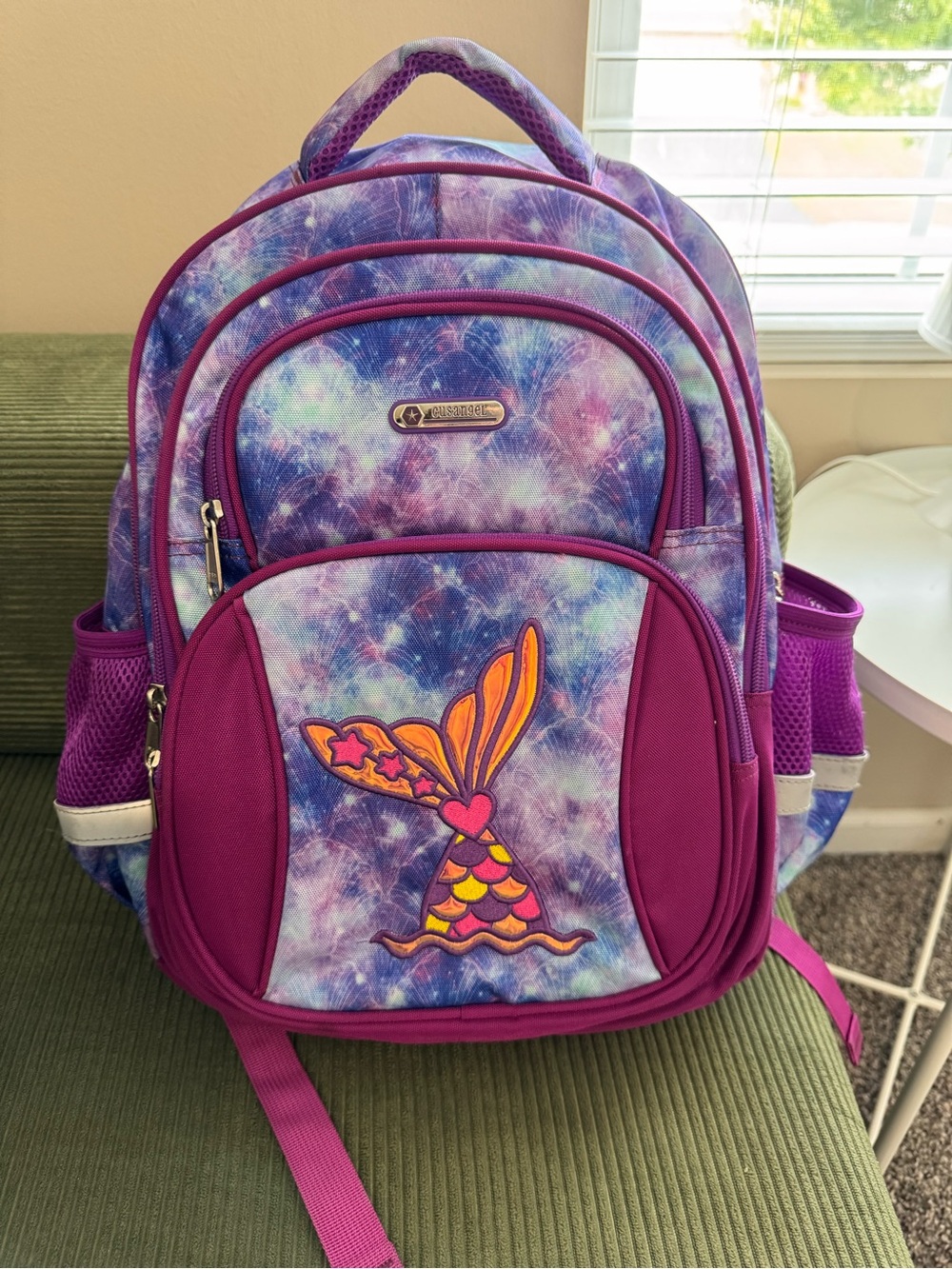 Purple Tie-Dye Kids Backpack with Mermaid Tail Applique